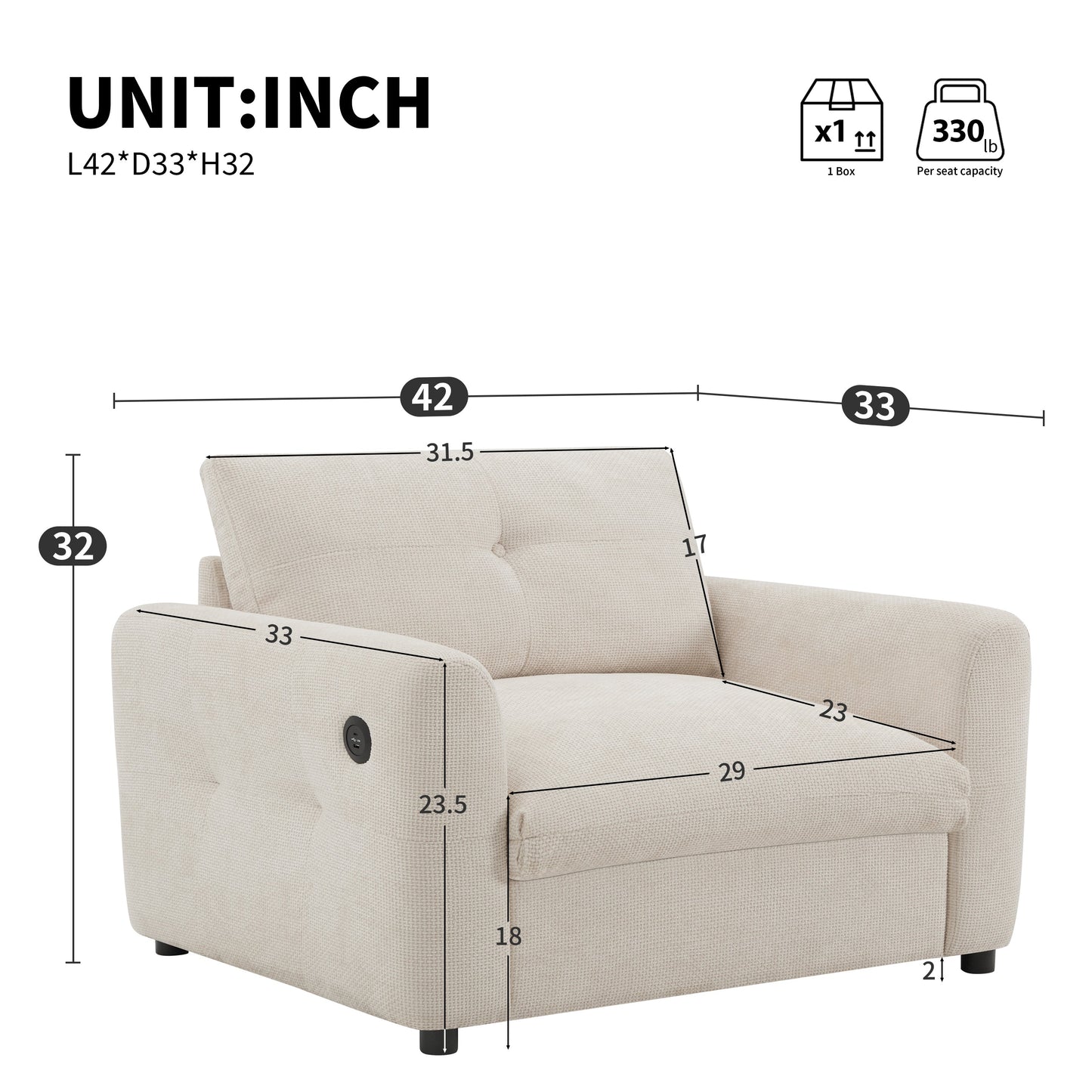 NEW 42*33' Single Sofa, Armchair with Wide Seat, Dual-port Charger, Pull-line & Tufted Design, High-density Foam, Suitable for Living Room & Apartment, Chenille, 2 Colors