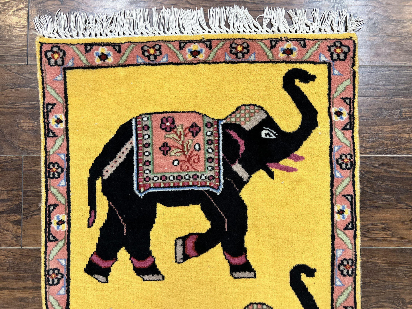 USED Unique Indian Pictorial Rug 2x3, Small Wool Hand Knotted Oriental Carpet, Yellow, Two Elephants, Handmade