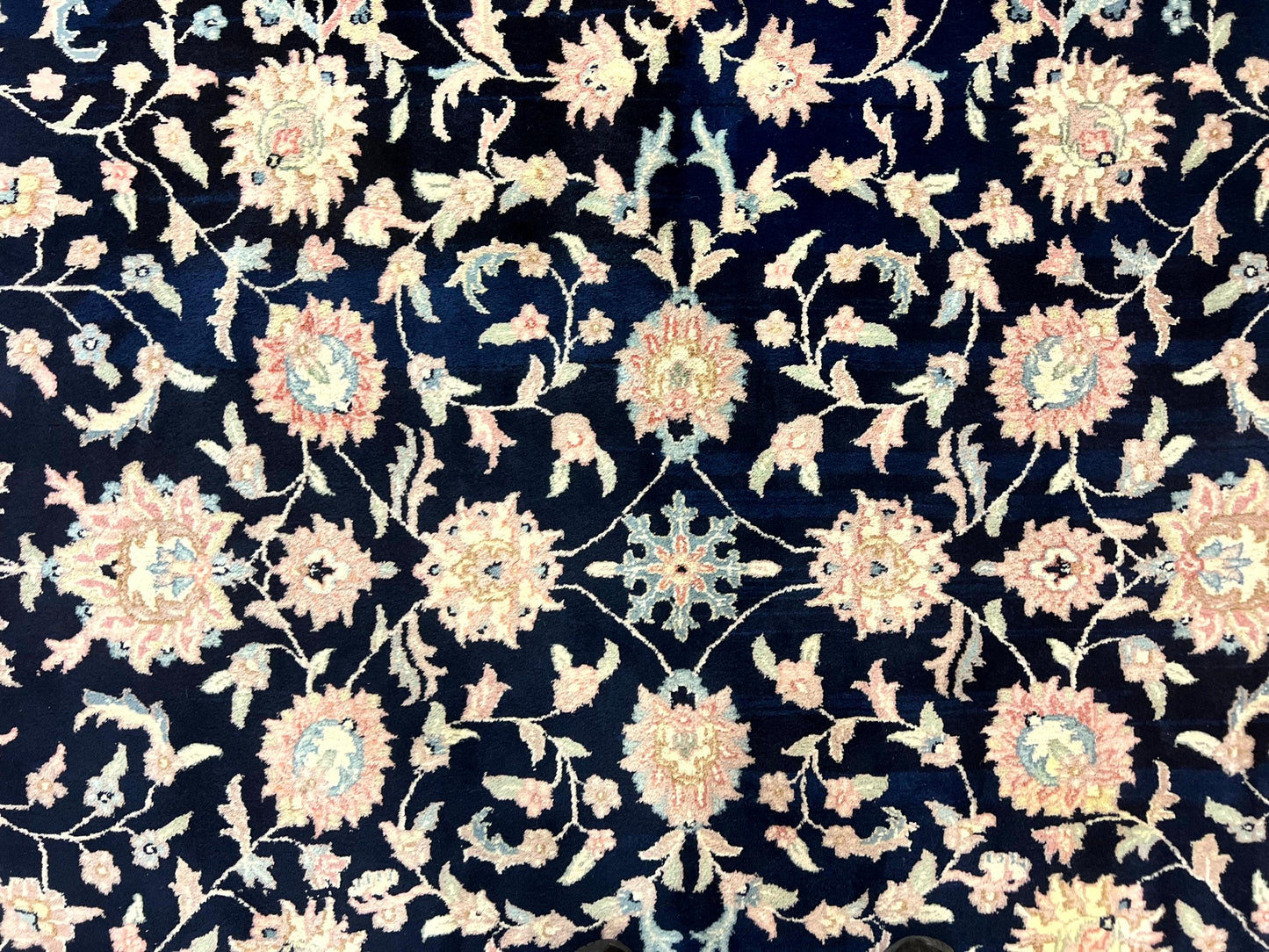 USED Indo Persian Rug 9x12, Navy Blue and Ivory/Cream, Floral Allover, Wool Vintage Handmade Carpet
