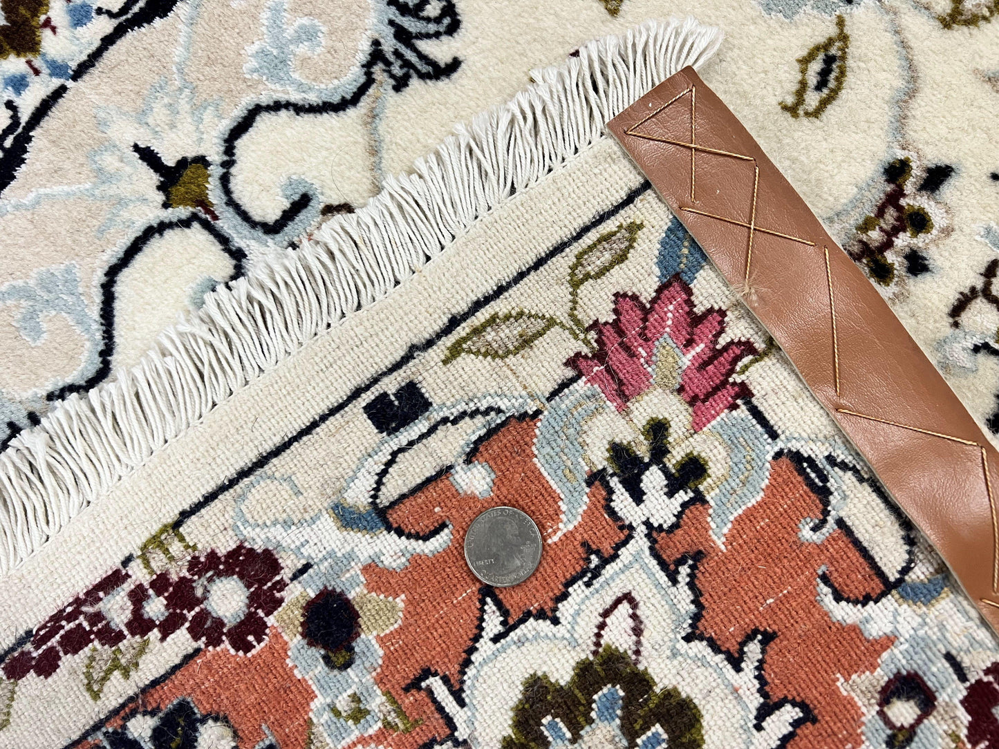 USED Persian Tabriz Rug 4.5  x 6.8, Finely Hand Knotted Wool with Silk Highlights Vintage Oriental Carpet, Cream and Salmon, High KPSI, Floral Medallion