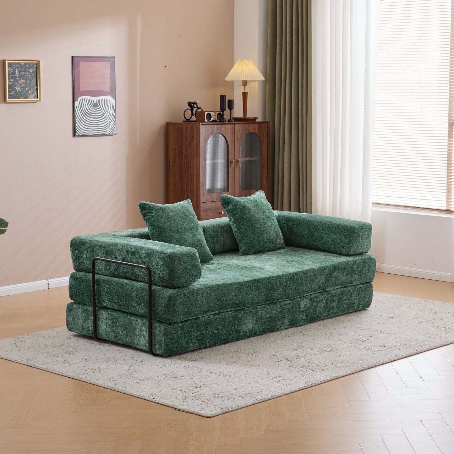 NEW Dark Green Chenille Fabric Floor Compression Convertible Sofa Bed