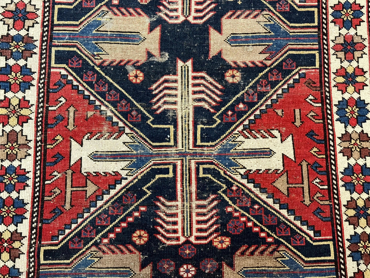 USED Antique Shirvan Caucasian Rug 3x5, Geometric Pattern, Red Navy Blue Beige