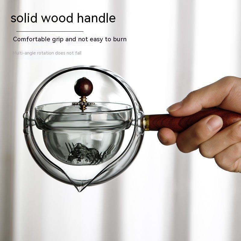 NEW Semi-automatic Rotary Heat-resistant Glass Teapot Lazy Tea Making With Infuser And Wooden Handle Office Home Accessories Kitchen Gadgets