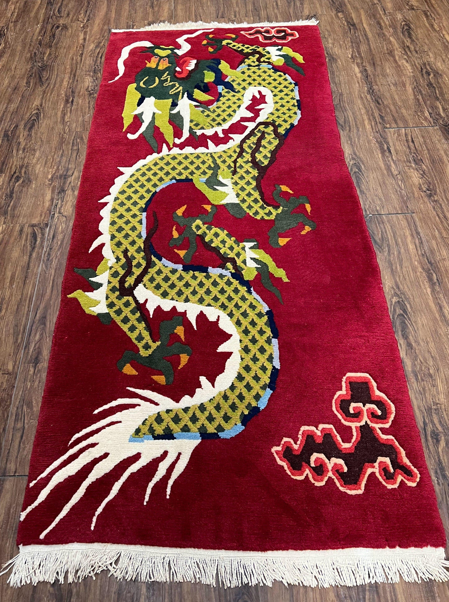 USED Vintage Chinese Dragon Rug 3 x 6.8, Handmade Hand Knotted Red Chinese Carpet with Gold Dragon, Art Deco Peking Soft Chinese Rug Runner