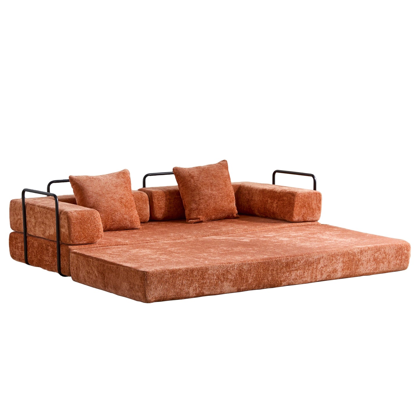NEW Orange Chenille Fabric Comfy Futon Couch Lounge Sleeper Compression Convertible Floor Sofa Bed Couch with Pillow Back Support Armrest Bed
