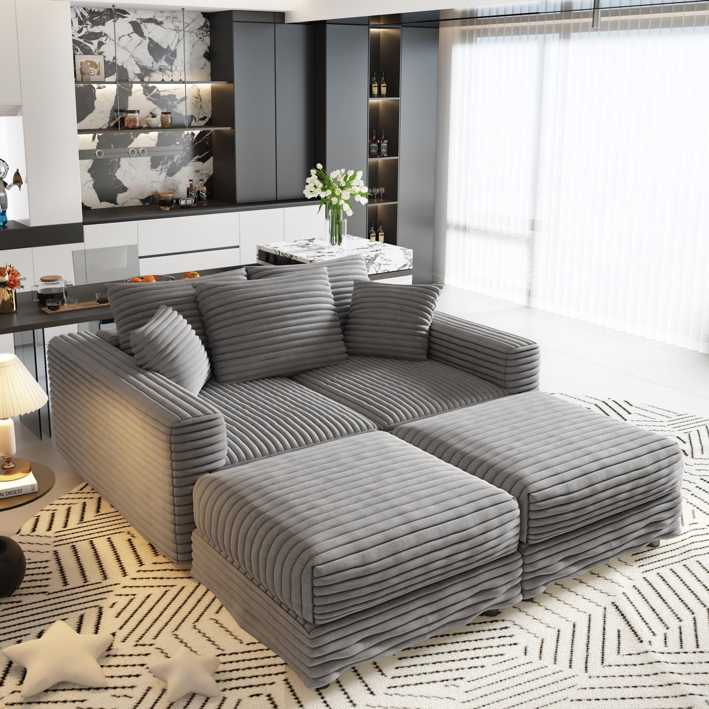 82.7 ' Plush Corduroy 3-Seat Sofa, Modern Comfy Upholstered Sofa Cloud Couch, Deep Seat Couches with Soft Pillows and 2 Ottomans, Convertible Sofa Lounge Chair, for Living Room,Apartment,Office,Grey