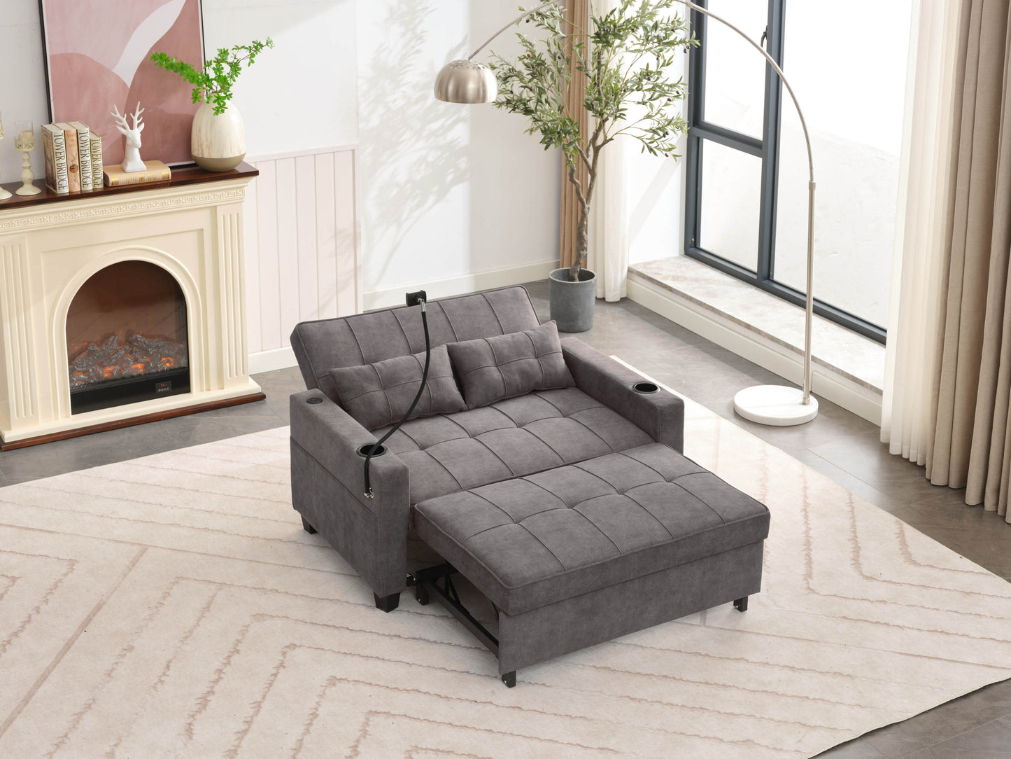 NEW Dark Grey Cloth Fabric 2 Seater Loveseat Recliner Sofa Bed with Adjustable Backrest USB and Cupholders