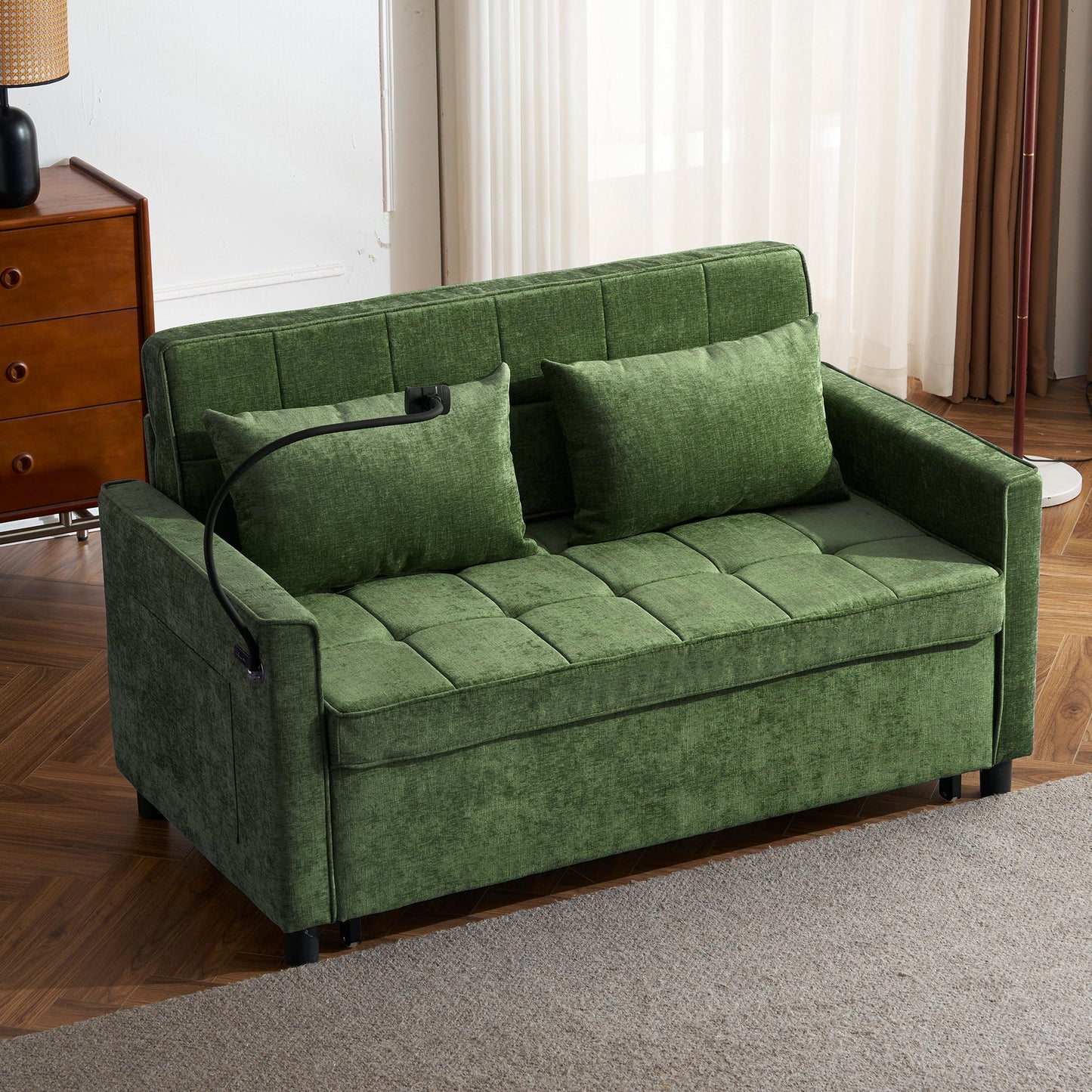 NEW 56.9' Convertible Loveseat Sofa Bed with Adjustable Backrest, USB Ports, Phone Holder, Side Pockets, Green Chenille,