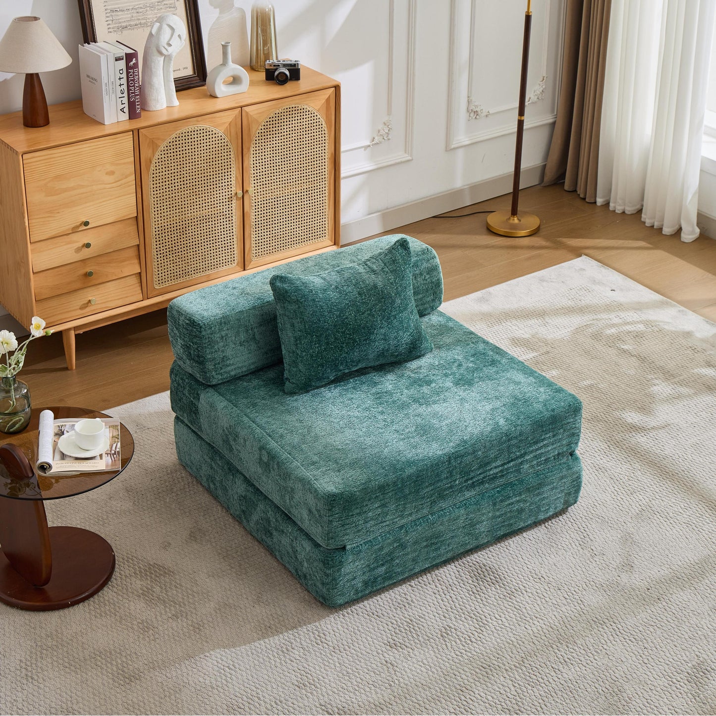 NEW Dark Green Chenille Fabric Compression Convertible Sofa Bed Single Seater Boneless Modular Sectional Sofa