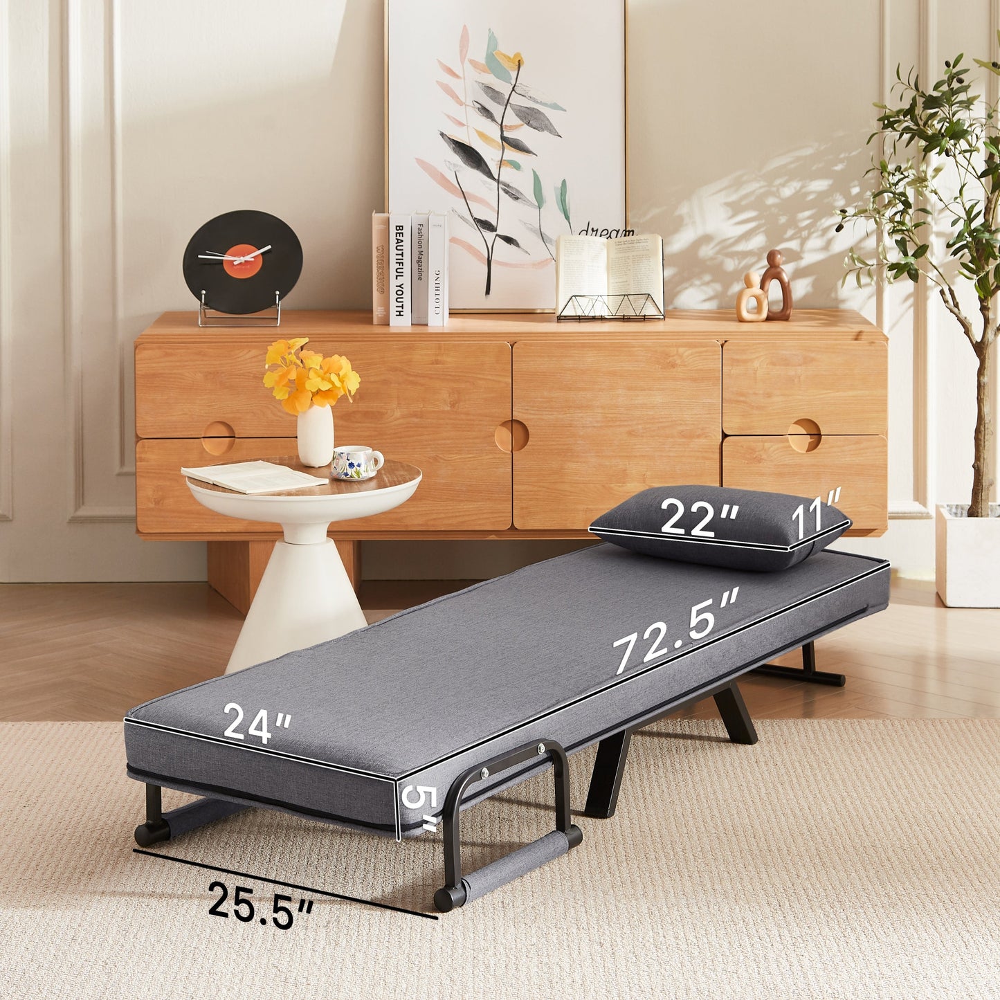 NEW Light Grey Linen Convertible Folding Chair Bed with Adjustable Backrest and Pillow