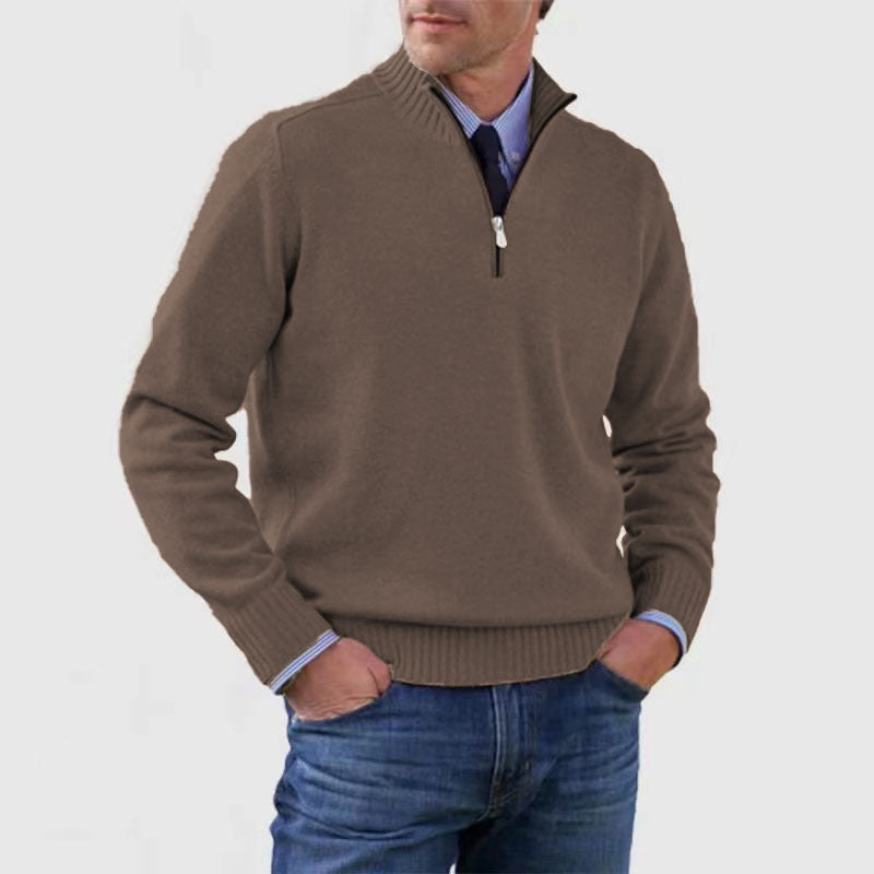 New Men's Stand Collar Zipper Sweater Winter Fashion Solid Color Long Sleeve Knitted Top Clothing
