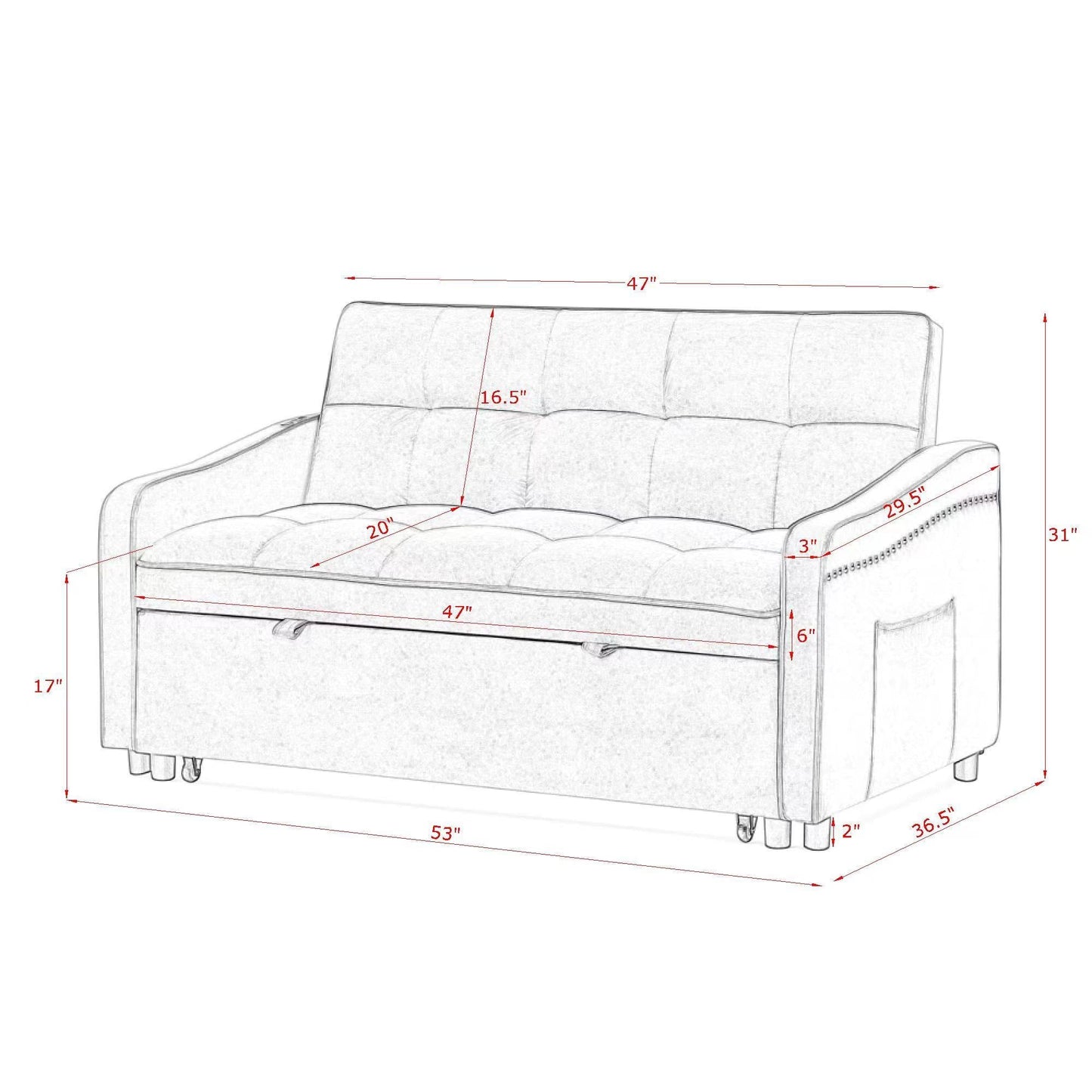 NEW Loveseats Sofa Bed with Pull-out Bed,Adjsutable Back and Two Arm Pocket,TypeC and USB Charging with Copper nail,Black (47'x53'x31')