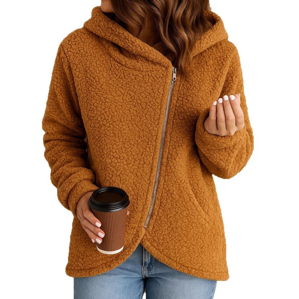 New Casual Loose Lambswool Long Sleeve Zipper Hoodie Coat