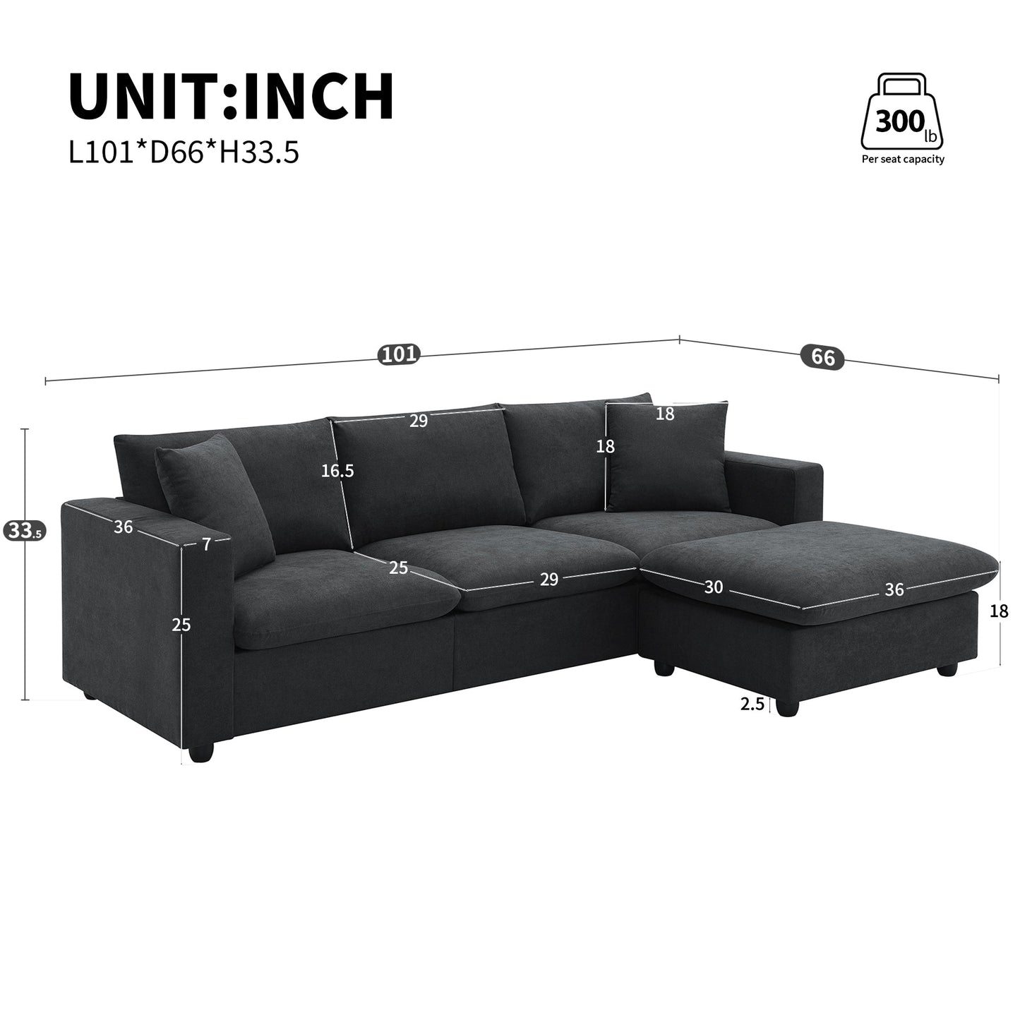 NEW L-shaped 4-Seat Polyester Black Fabric Modern Sectional Sofa