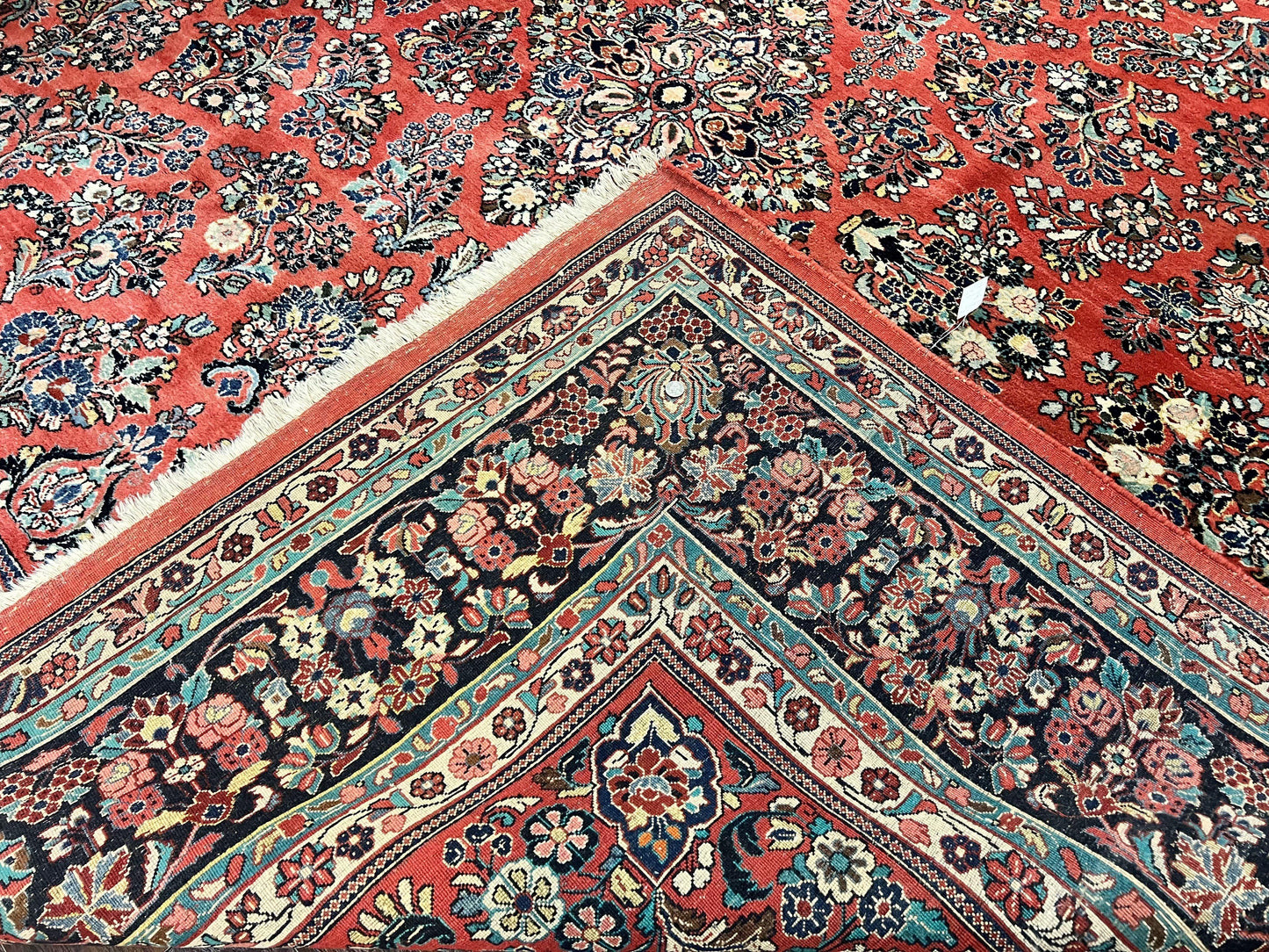 USED Square Persian Sarouk Rug 11x11 ft, Rare Size, Hand Knotted Wool Floral Allover Red Persian Carpet, Handmade Antique Rug