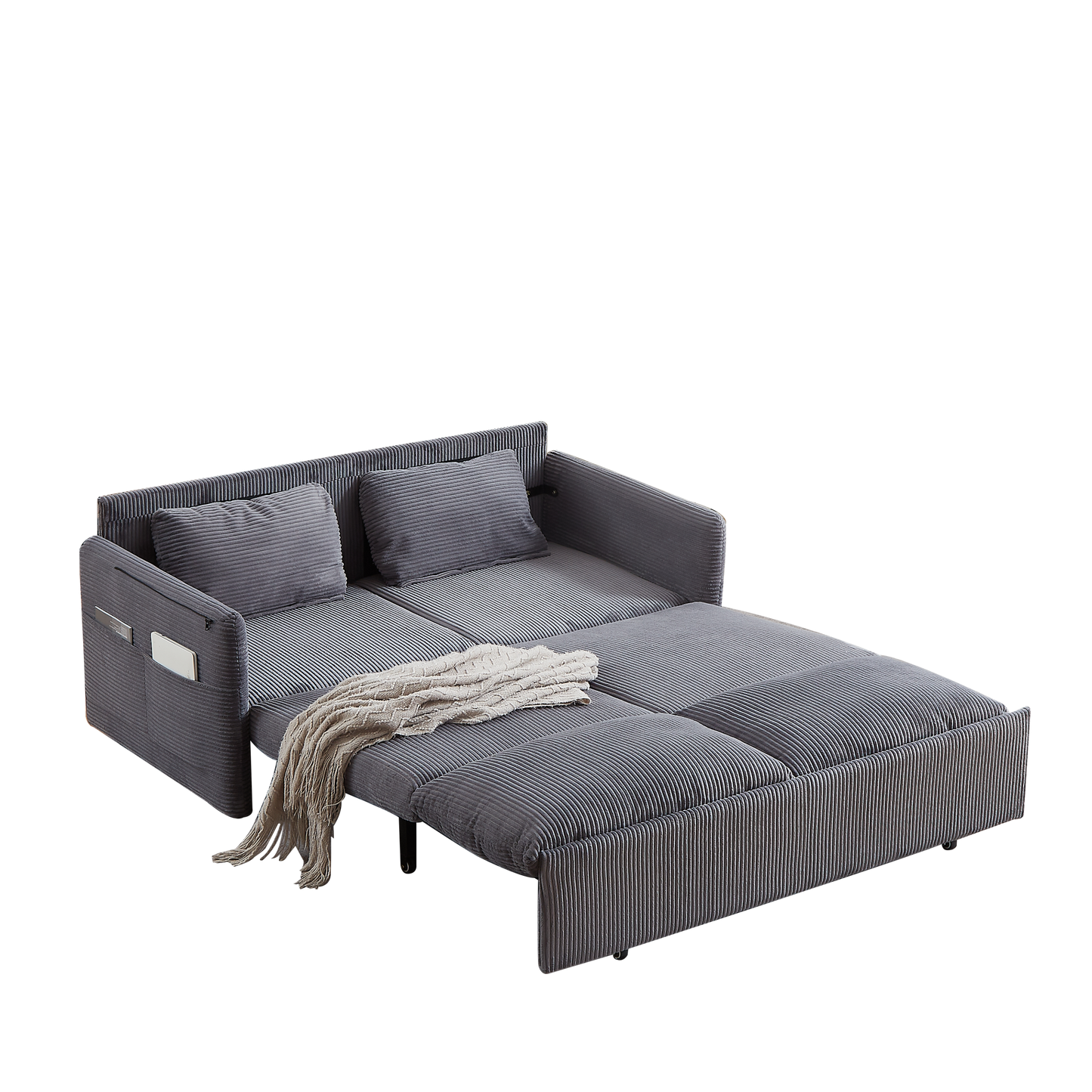 NEW MH'' 3-in-1 Adjustable Sleeper 64.5 Inch Soft Corduroy Convertible Sleeper Sofa Bed with Pullout Bed 2 Pillows and Side Pockets