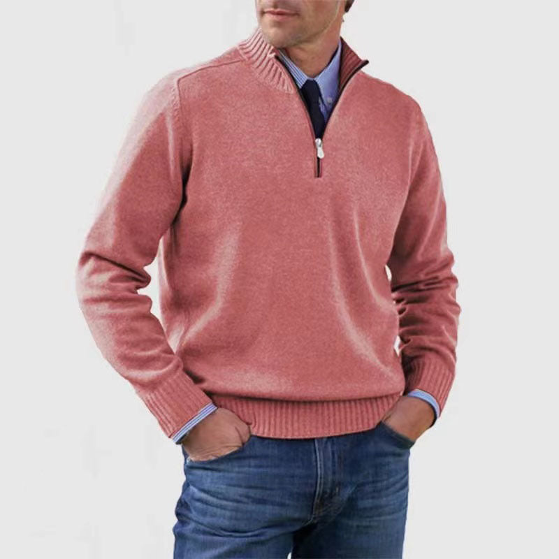 New Men's Stand Collar Zipper Sweater Winter Fashion Solid Color Long Sleeve Knitted Top Clothing