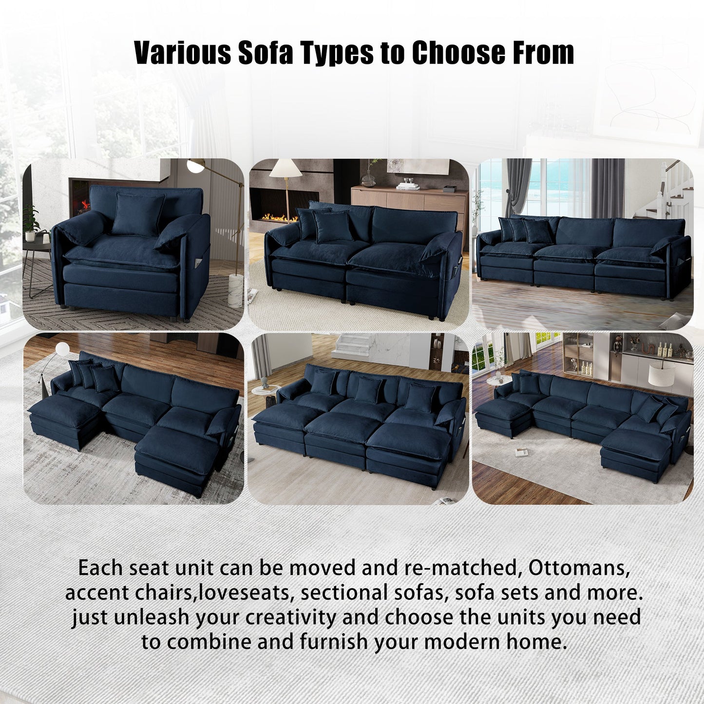 NEW Modern Blue Chenille Love Seat Upholstered Modular L Shaped Deep Seat Sectional Sofa Cloud Couch with Ottoman