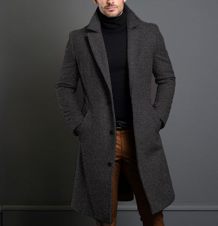 New Winter Lapel Trench Coat Fashion Pocket Single Breasted Jacket Outerwear Casual Solid Color Men's Clothing