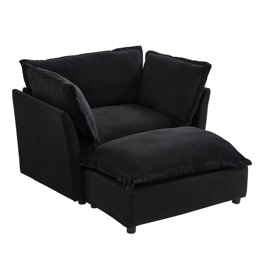 NEW Modern Armchair Sofa 47' Cozy Upholstered Sofa Chair with Movable Ottoman, Black Chenille, Wide Seat & Curved Armrests