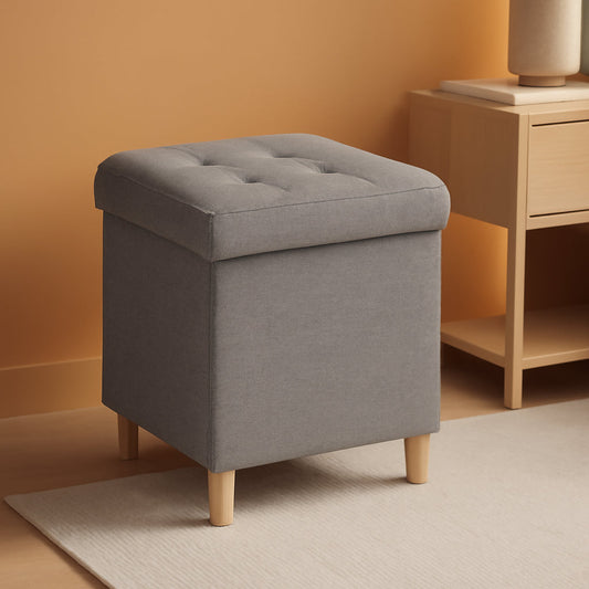 NEW Linen Fabric Storage Ottoman Cube With Tray Lid Elevated Legs 18 Inch