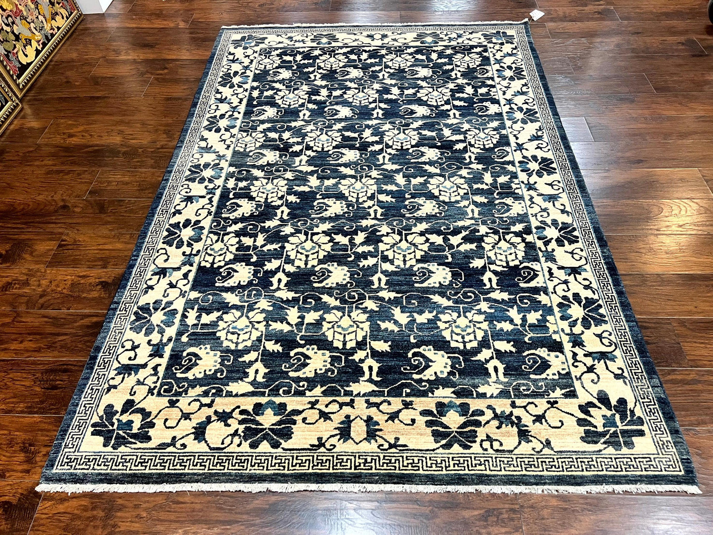 USED Sino Persian Rug 6x9, Hand Knotted Wool Carpet, Floral Allover, Blue Cream-Tan
