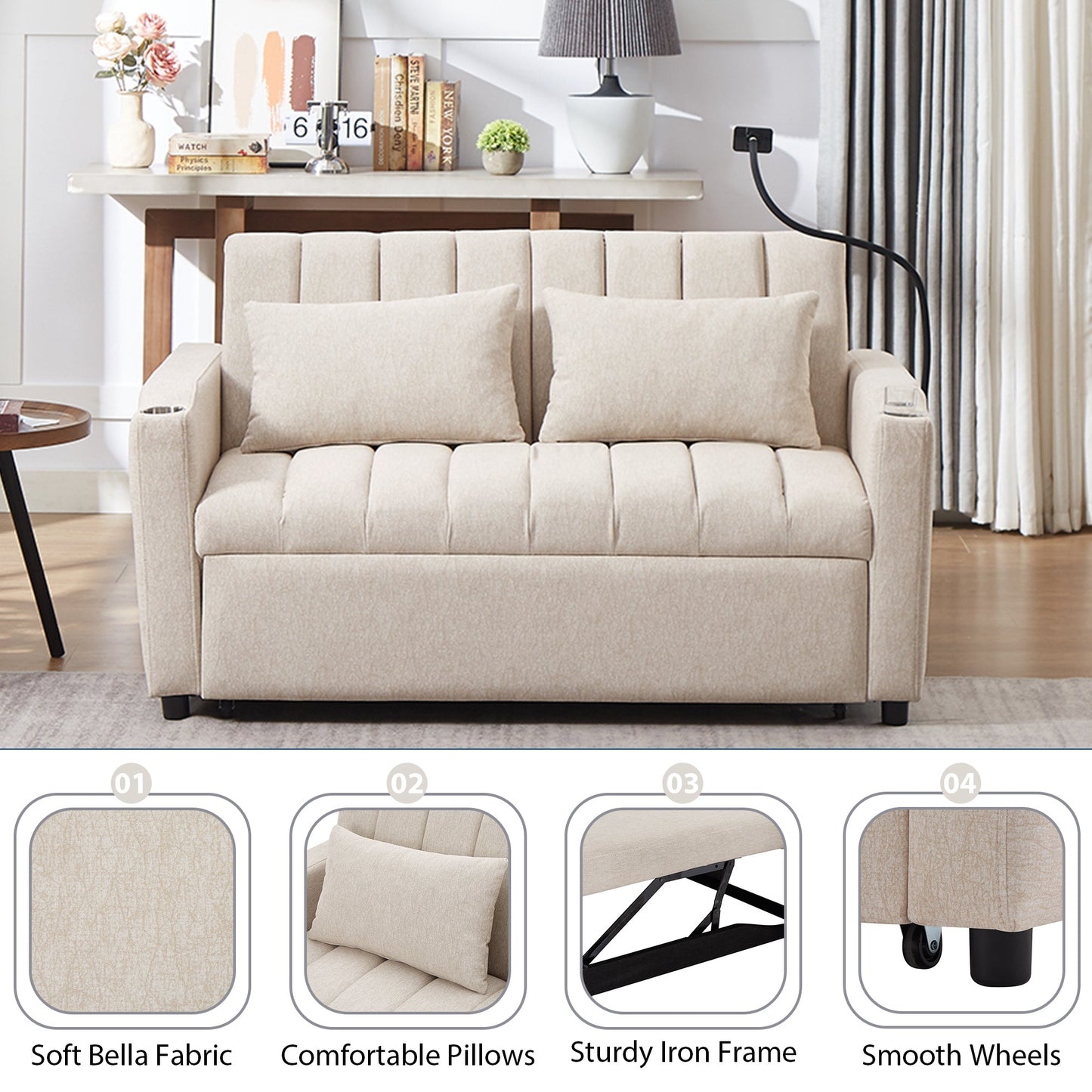 NEW Beige Bella Fabric Convertible Sofa Bed Loveseat