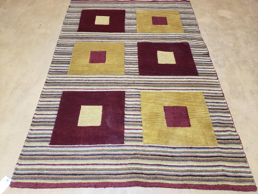 USED 4x6 Colorful Tibetan Kilim Rug Vintage Wool Modern Rug Abstract Design Nice Gold Maroon Multicolor Carpet