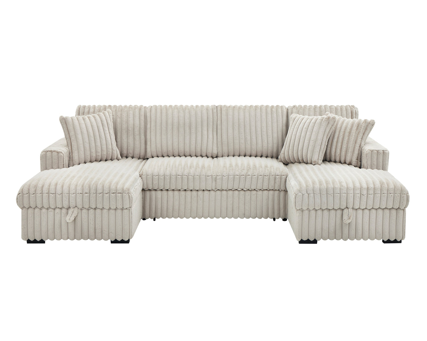 NEW 122 inch Rabbit Khaki Plush Corduroy Fabric Oversized U Shaped Sleeper Sofa 2 in 1 Pull Out Bed Sectional Sleeper Couch with Double Storage Chaise