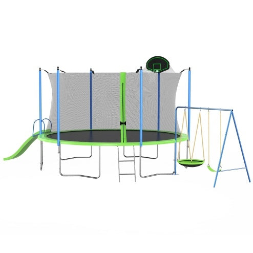 NEW 12FT Outdoor Backyard Trampoline With Slide Swings Recreational Basketball Hoop Ladder Trampoline With Net For Kids And Adults