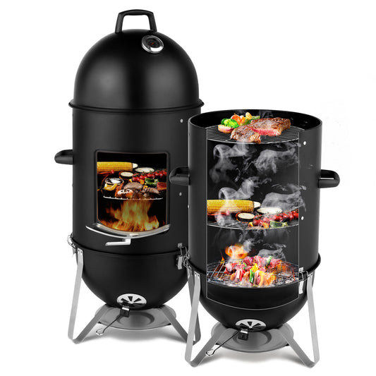 NEW Round 3 in 1 Vertical Steel Black 3-layer Oval Cylinder Smoker Iron Charcoal BBQ Grill