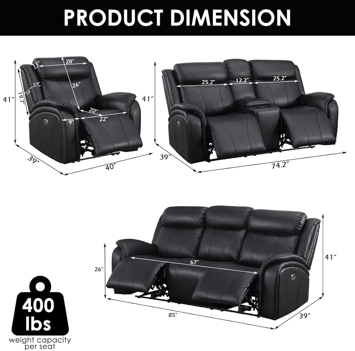 NEW Power Recliner Sofa Set 3 Piece With Storage Black