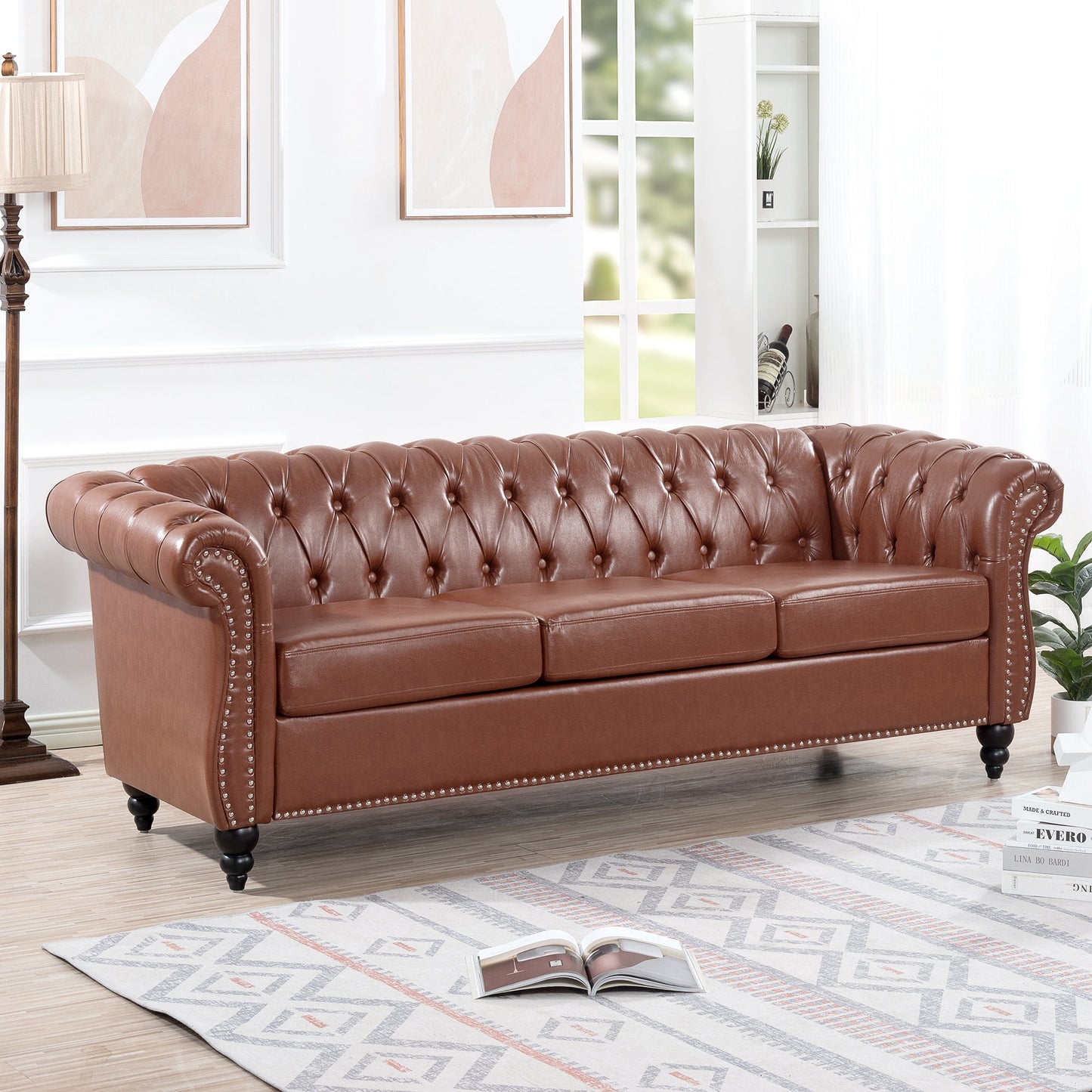NEW Classic Chesterfield Three Seater Sofa Brown PU Leather with Rolled Arms and Birch Legs 84.65 Inches