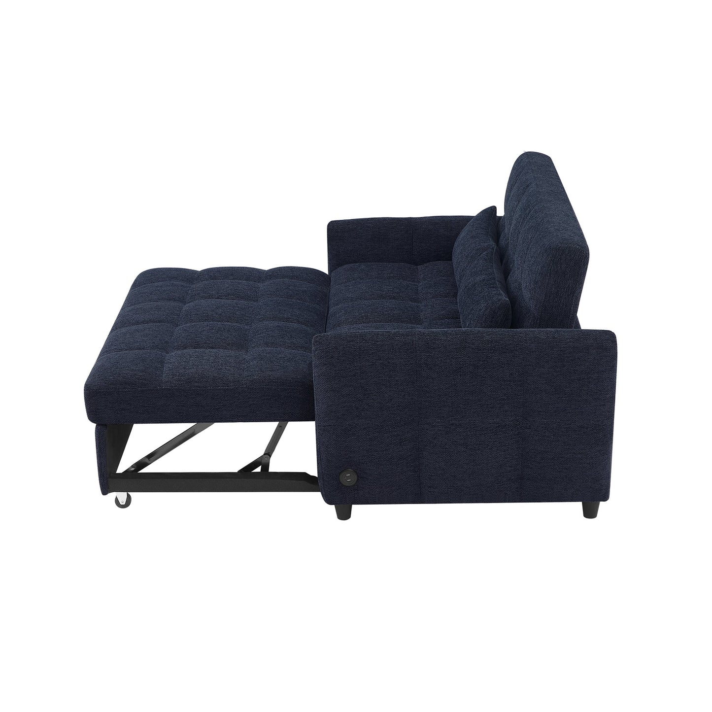 NEW Modern Loveseat Sofa Pull-out Bed with Adjustable Backrest, USB Ports, Lumbar Pillows, Blue Chenille, 52.8'