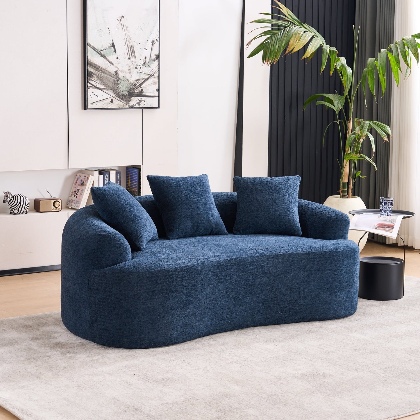 NEW LY-025S Chenille  Curved Loveseat Blue Full Compression Sponge Sofa with 3 Pillows