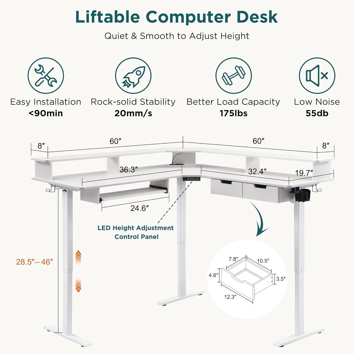 NEW 60 Inch L Shaped Electric Standing Desk Antique White