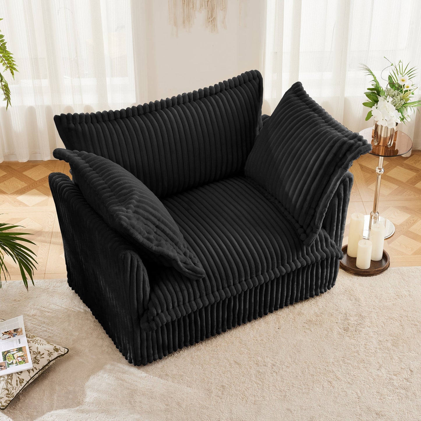 NEW Slip-covered Armchair with 1 Big Back Cushion and 2 Big Toss Pillows, Single Deep Seat Comfy Single Couch Sofa Multiple Large Soft Pillows, Black Corduroy Fabric