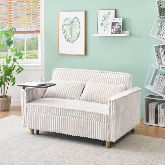 NEW Pull-out Push-in Beige Corduroy Sofa with Dual Functions Movable Tabletop and USB Ports