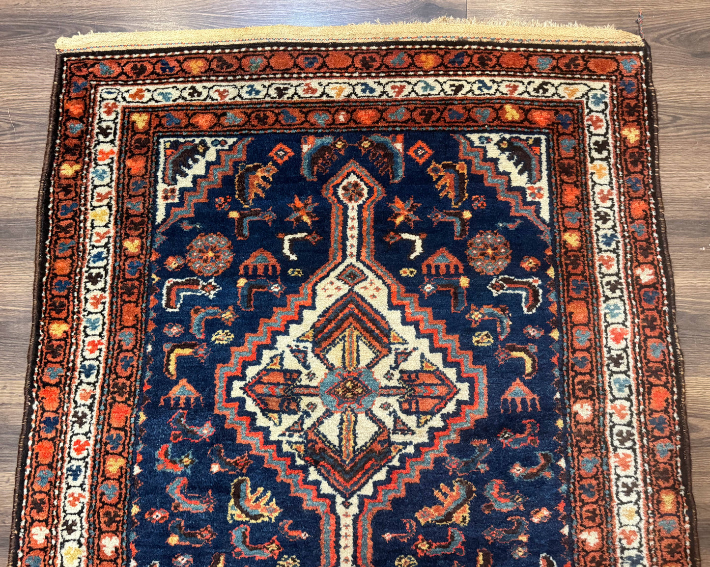 USED Antique Persian Hamadan Rug 4x6, Geometric, Double Medallions, Navy Blue, Tribal Carpet