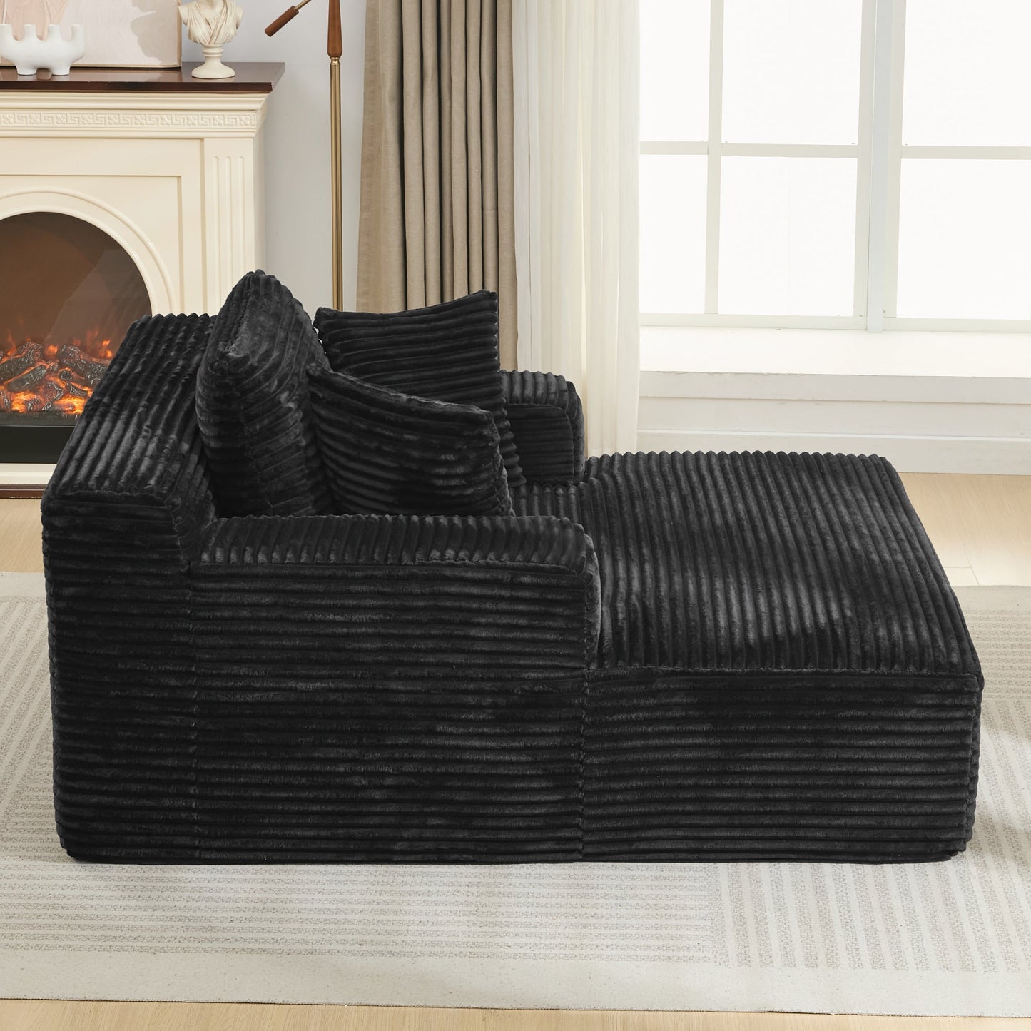 NEW Modern Black Corduroy Chaise Lounge Sofa Bed with Removable Pillows, 48.8' Upholstered Sleeper Sofa