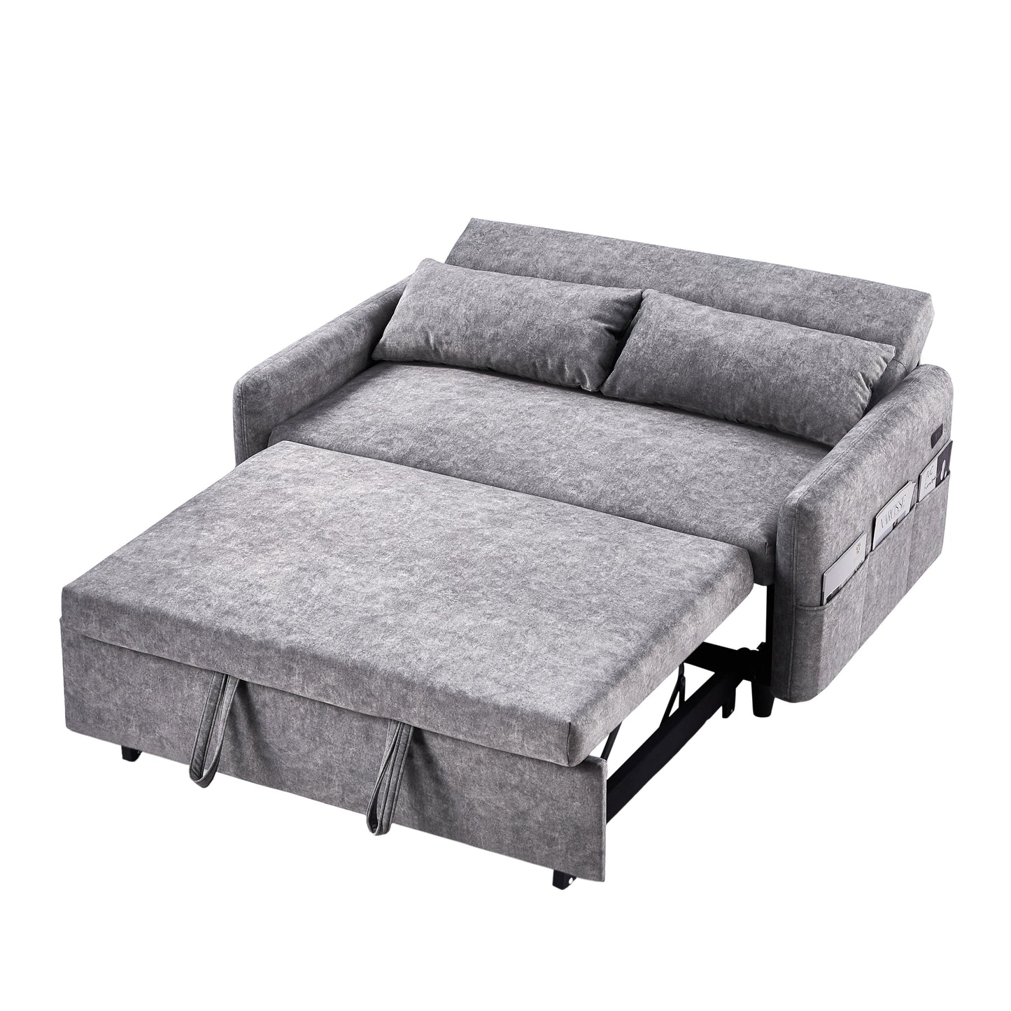 NEW Contemporary Grey Pull Out Sleep Sofa Bed Loveseat with Adjustable Backrest Storage Pockets USB Ports and 2 Soft Pillows