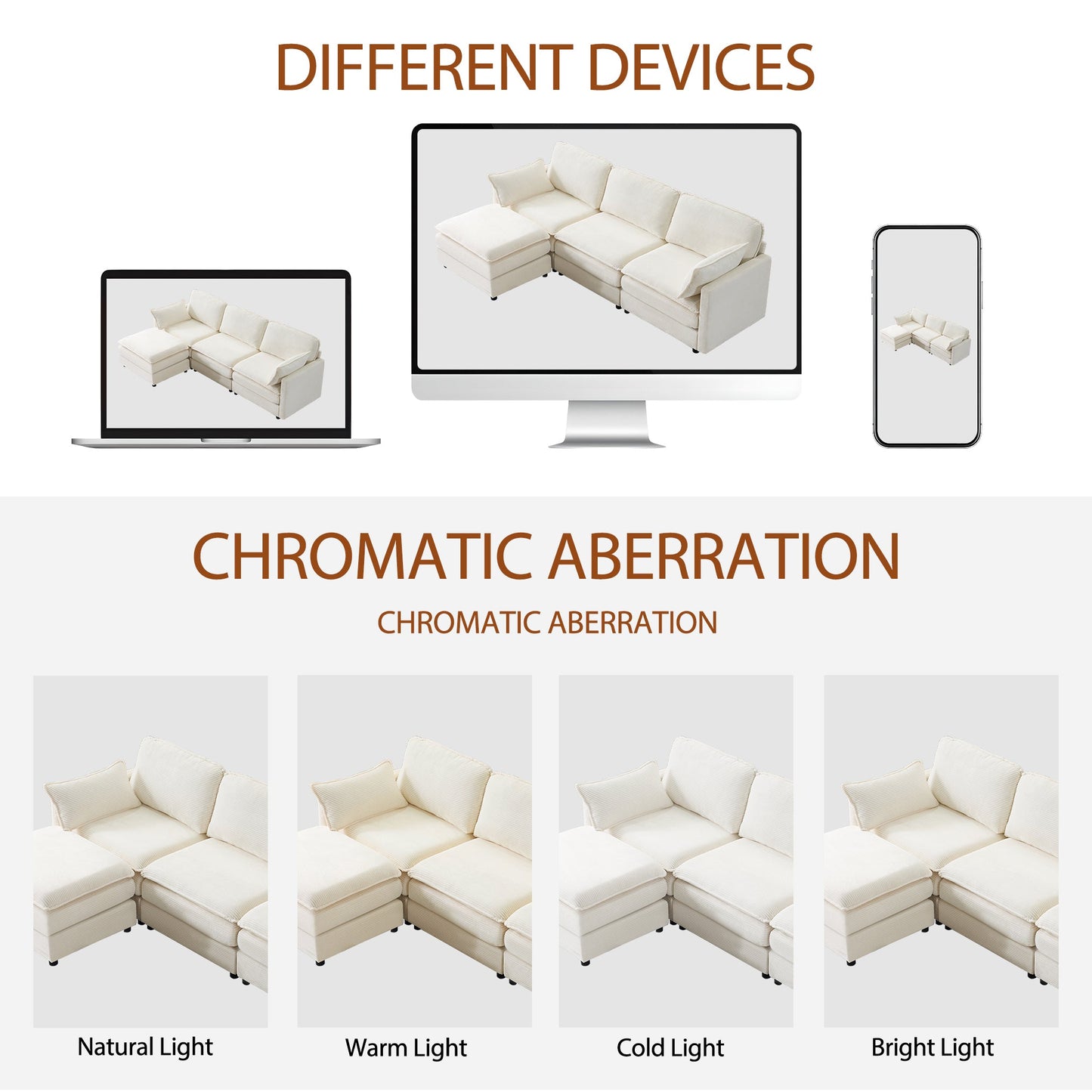 NEW 104' Plush Cloud Beige 3 Seater Modular Sofa + Ottoman with 22' Chenille Cushions and 2 Throw Pillows