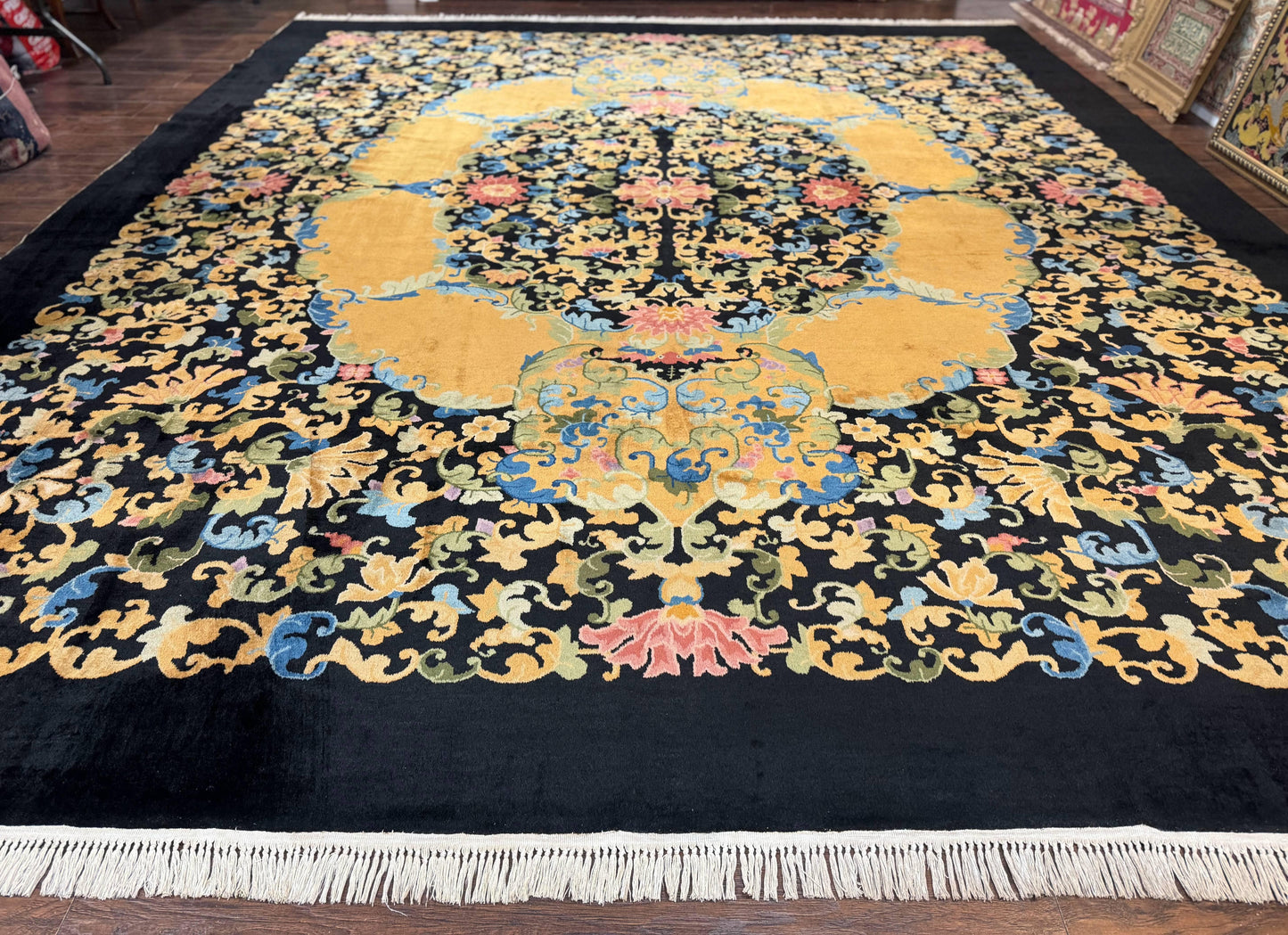 USED Antique Chinese Peking Rug 12.6 x 14.9, Palace Size Asian Oriental Carpet, Art Deco Rug, Rare