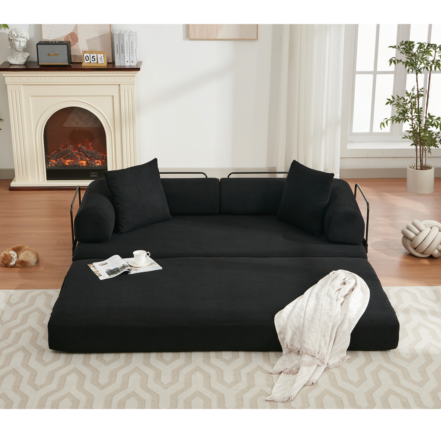 NEW  78.5' Folding Convertible Out Sleeper Sofa Bed,4-in-1 DIY Combination Convertible Sofa,3 seat, Folding  Sofa, King Size , Bedroom,Apartment,Corduroy,Black