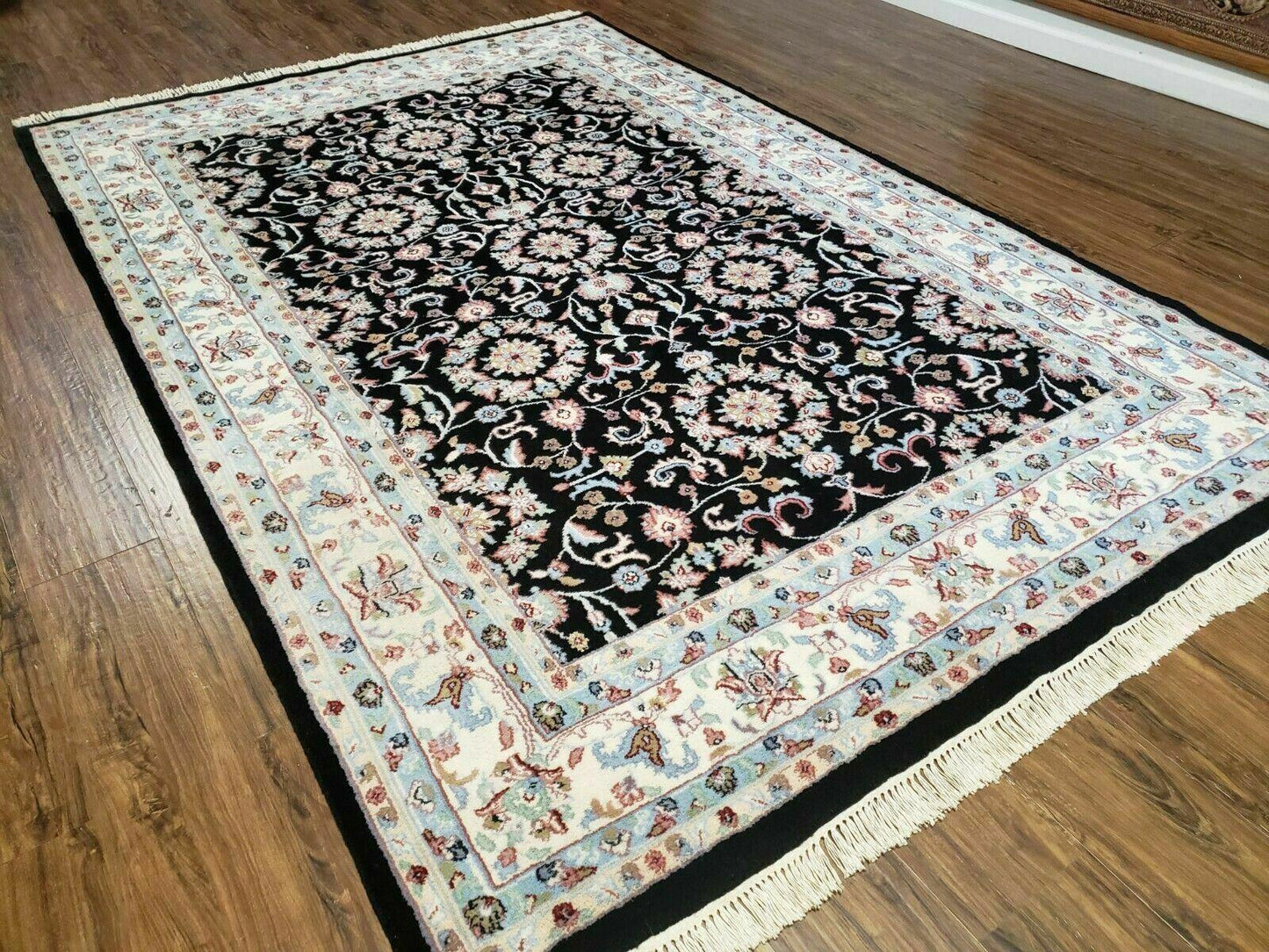 USED 6' X 9' Handmade Indian Agra Wool Rug Carpet Vegetable Dyes Black