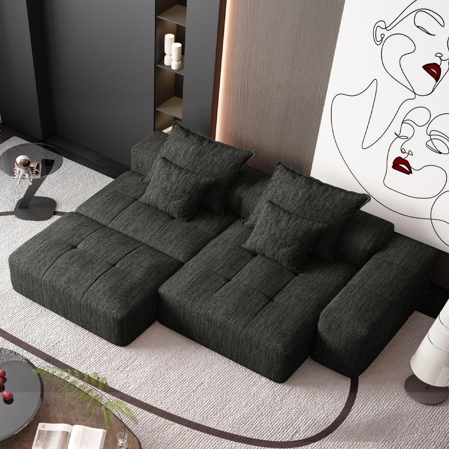 NEW Modern Oversized Modular Sectional Sofa with Ottoman, Seat, Chaise lounge and Armrest, Sparkling Chenille Fabric Soft Cushion Sofa with 4 Pillows,4 PCS DIY Combination Tufted Sofa,No Assembly Required