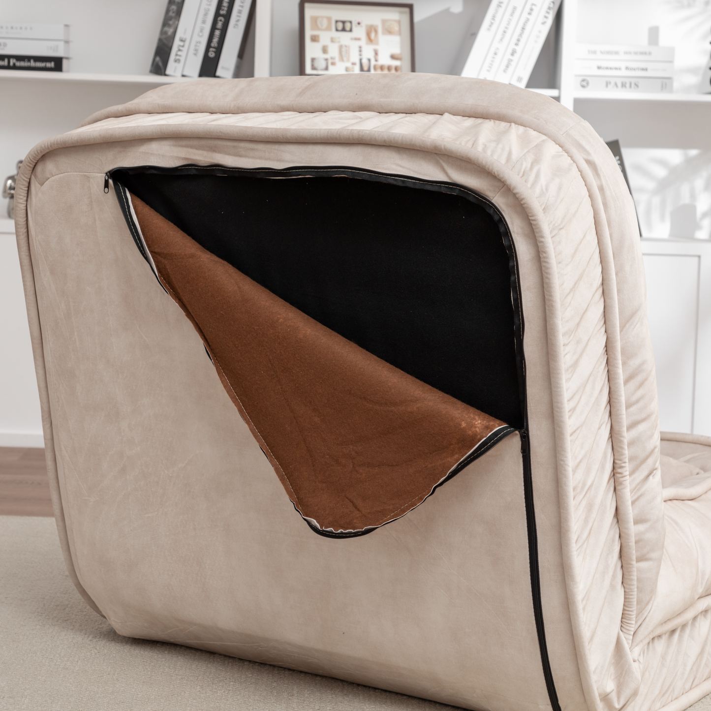 NEW 5 Adjustable Position Beige Velvet with Foam and Iron Upholstered Dog Bed for Adults and Pets - Bean Bag Floor Sofa with Massage Pillow & 2 Soft Pillows