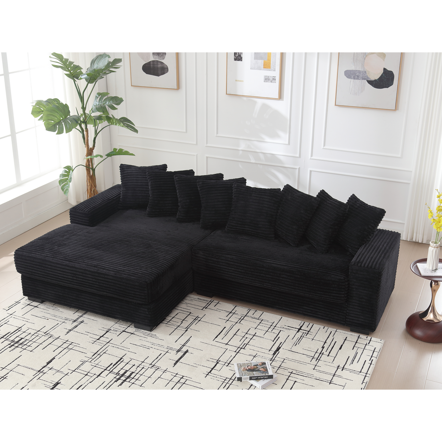 [NEW ARRIVED] [VIDEO PROVIDED] Oversized Two-Piece  Couches,  L Shaped Sofa, Corduroy, Left Chaise Daybed,with Armrests,Eight Throw Pillows,Corner Sofa,Easy To Assemble, Black