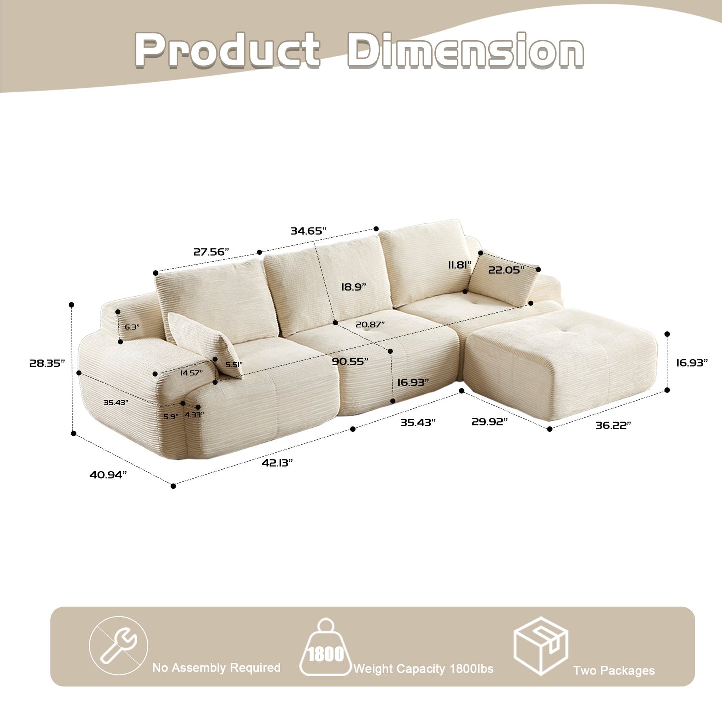 NEW Modern Memory Foam Compressed Sofa,Large Sectional Couches for Living Room,Pet-Friendly Cloud Modular Sectional Sofa,Corduroy Fabric,Extra Deep Loveseat,No assembly required, BEIGE