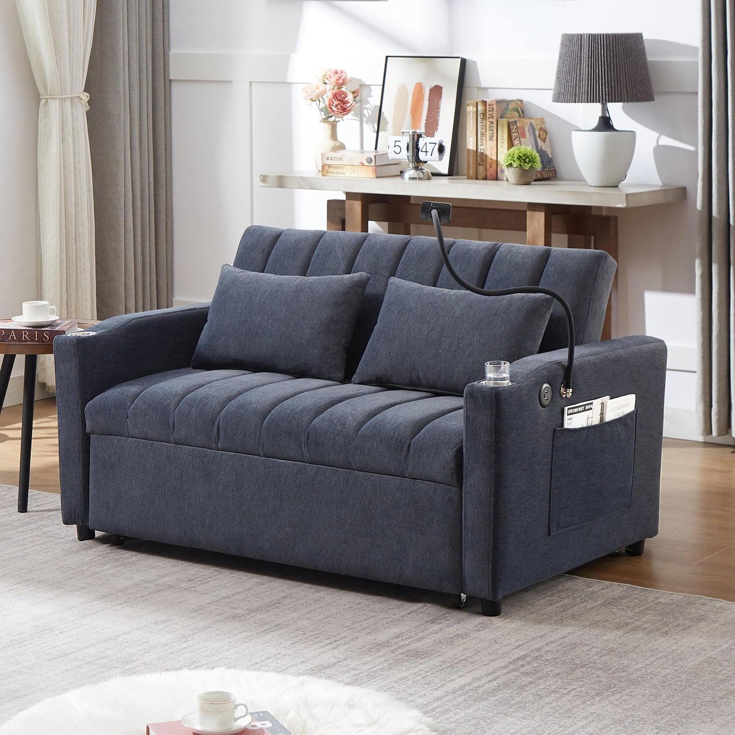NEW Convertible Sofa Bed Loveseat with USB Ports, Side Pockets, Cup Holders, and Phone Holder in Blue Grey Bella Fabric, 55.9'